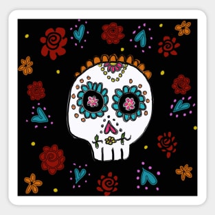 Sugar Skull and Roses black background Sticker